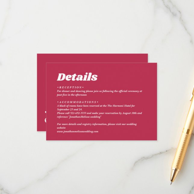 Bold Minimalist Retro Viva Magenta Wedding Details Enclosure Card (Front/Back In Situ)