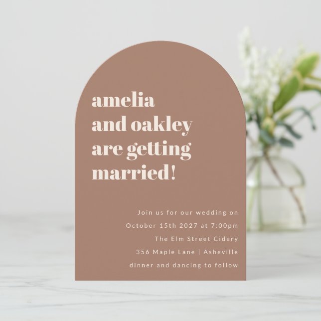 Bold Minimalist Soft Mocha Retro Wedding Arch Invitation (Standing Front)
