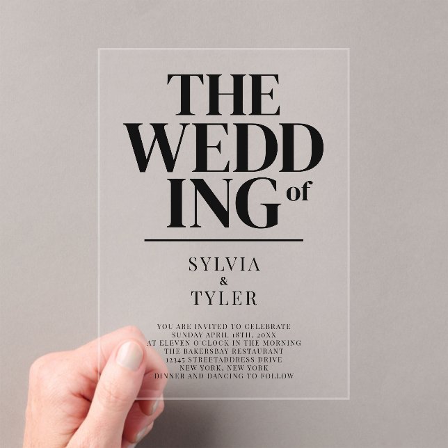Bold Minimalist Typography Wedding Acrylic Invitations (Insitu (Handheld))