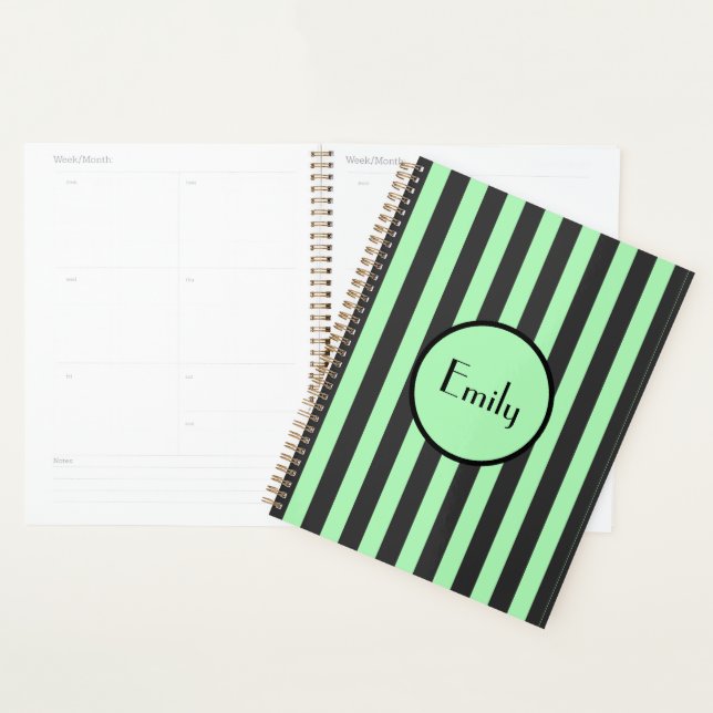 Bold Mint Green & Black Stripe Personalized Planner (Display)