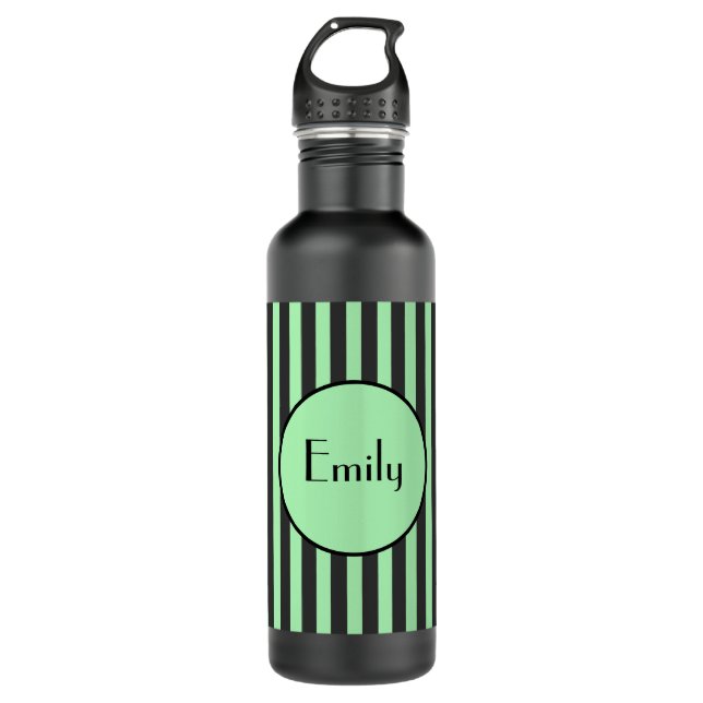 Bold Mint Green & Black Stripe Personalized  Stainless Steel Water Bottle (Front)