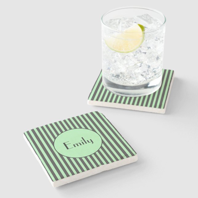 Bold Mint Green & Black Stripe Personalized  Stone Coaster (Side)