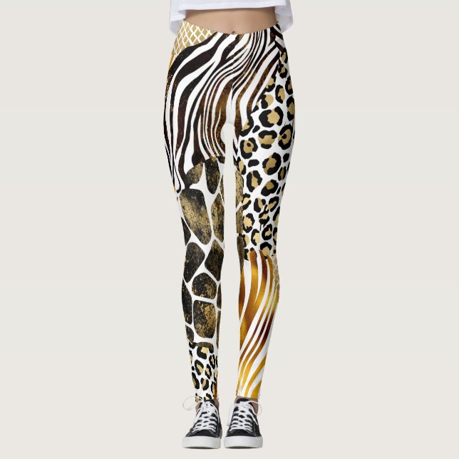 Bold Mixed Animal Prints Gold Accents Leggings (Front)