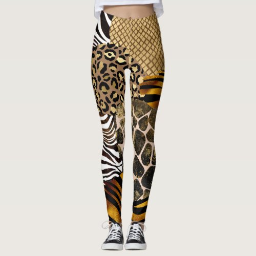 Bold Mixed Animal Prints Gold Accents Leggings