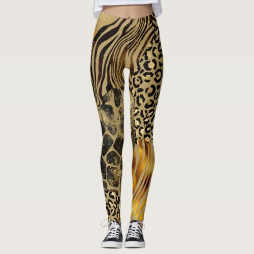 Bold Mixed Animal Prints Gold Accents Leggings