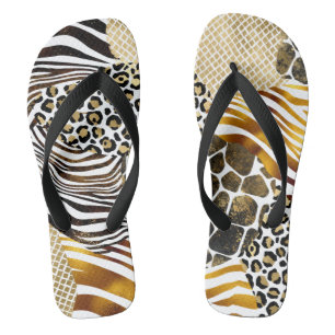 Bold Mixed Animal Prints with Gold Accents Flip Flops