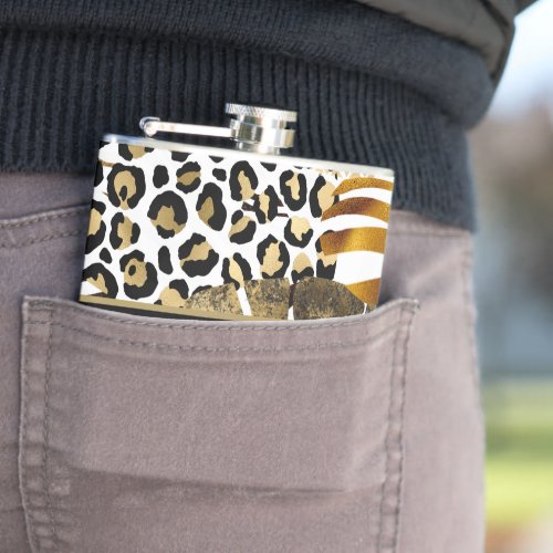 Bold Mixed Animal Prints with Gold Accents Name  Flask