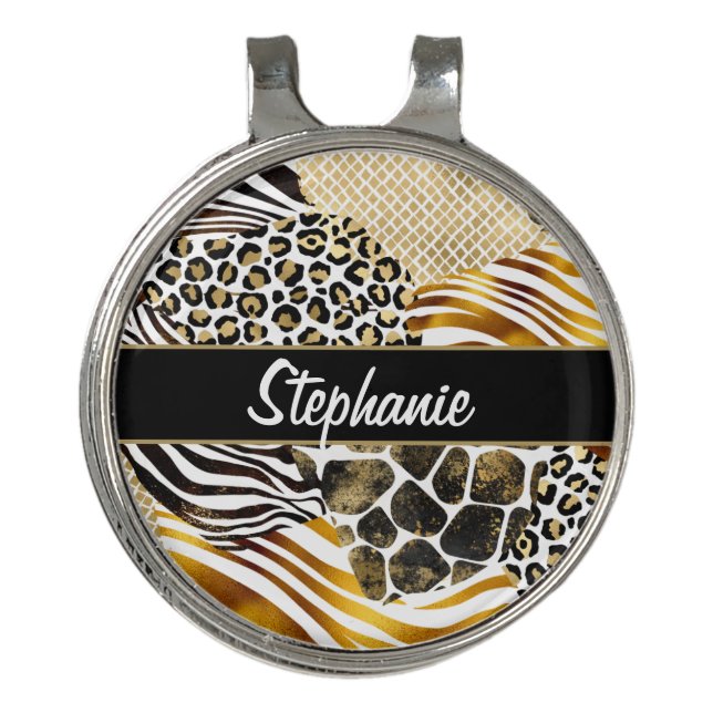 Bold Mixed Animal Prints with Gold Accents Name  G Golf Hat Clip (Front)