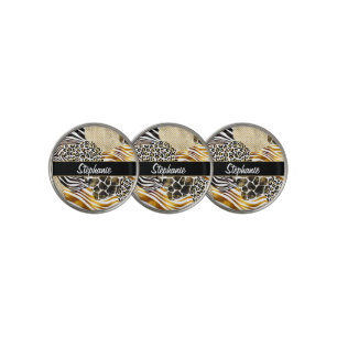 Bold Mixed Animal Prints with Gold Accents Name Golf Ball Marker