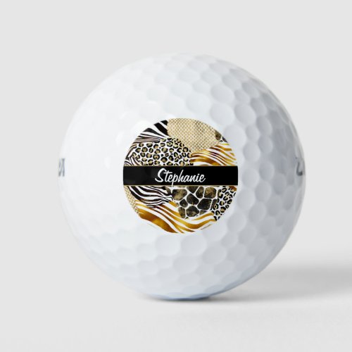 Bold Mixed Animal Prints with Gold Accents Name Golf Balls