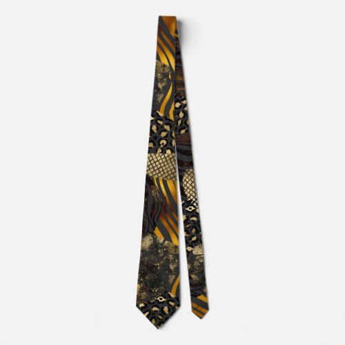 Bold Mixed Animal Prints with Gold Accents Neck Tie