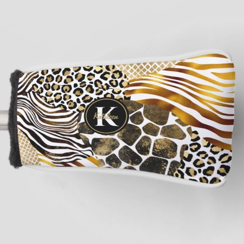 Bold Mixed Animal Prints with Gold Accents Putter Golf Head Cover
