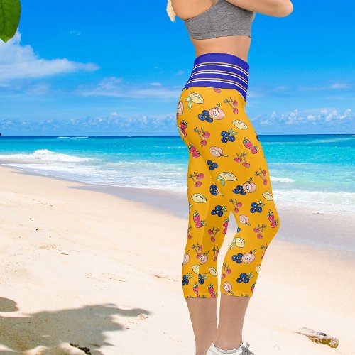 Bold Mixed Pattern Summer Fun Yellow Blue Capri Leggings