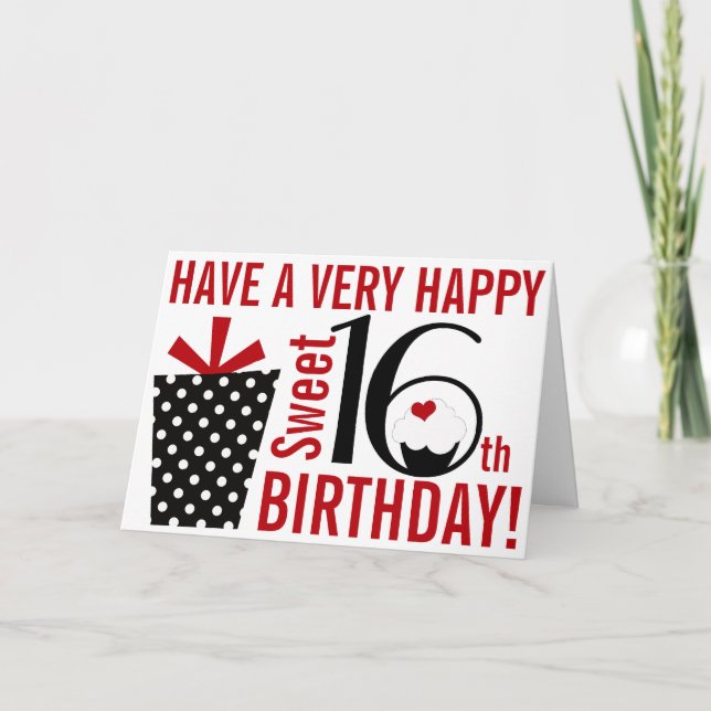 Bold Mod Black Red Happy Sweet 16th Birthday Card (Front)