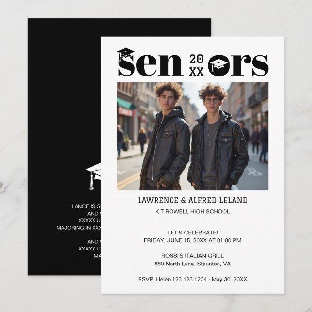 Bold Moderm Twins Sibling Seniors Grads Caps TMF26 Invitation (Front/Back)