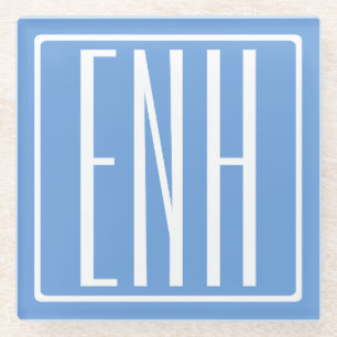 Bold Modern 3 Initials Monogram   Soft Blue Glass Coaster