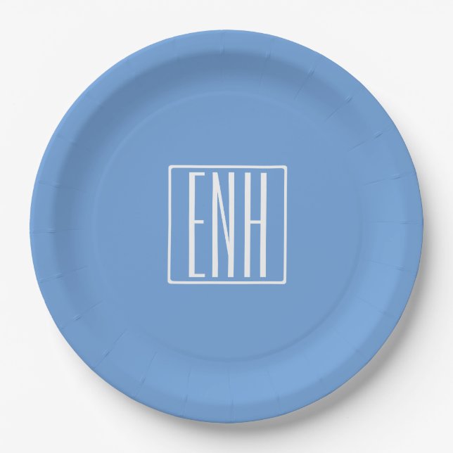 Bold Modern 3 Initials Monogram | Soft Blue Paper Plates (Front)