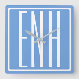 Bold Modern 3 Initials Monogram | Soft Blue Square Wall Clock