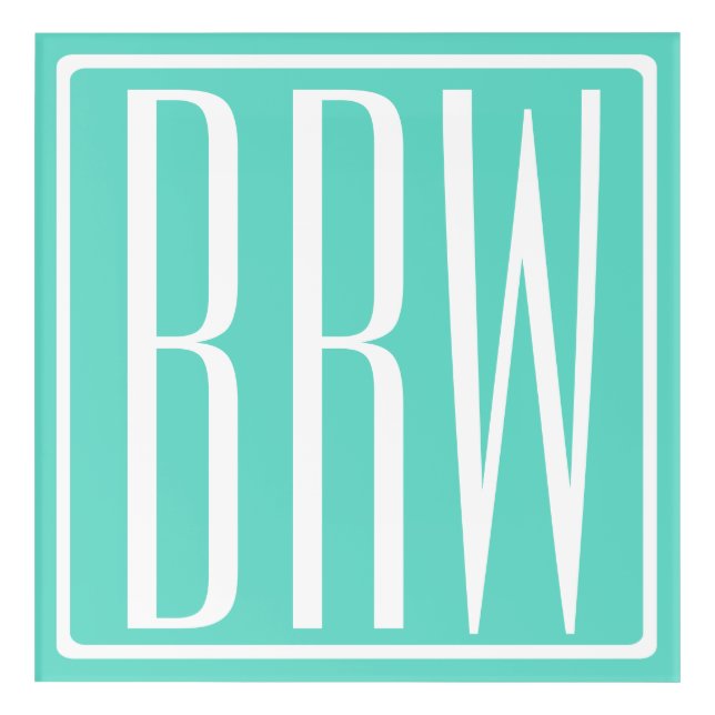Bold Modern 3 Initials Monogram | White On Aqua Acrylic Print (Front)