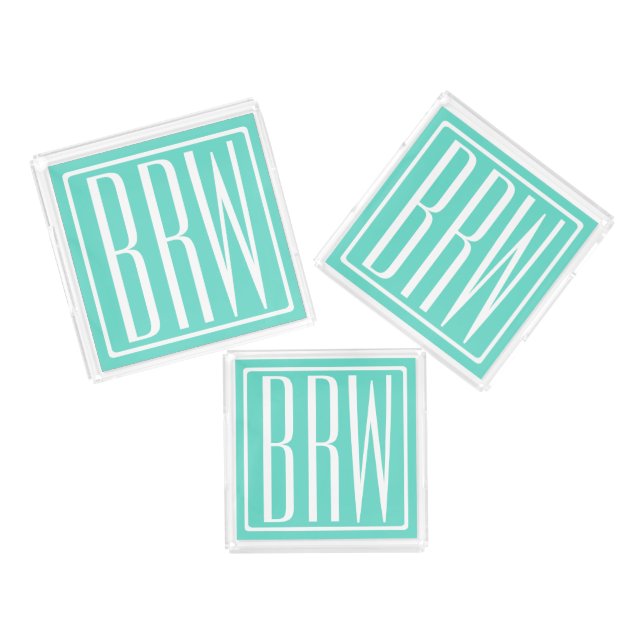 Bold Modern 3 Initials Monogram | White On Aqua Acrylic Tray (Set)