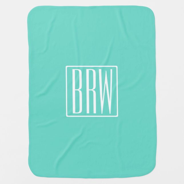 Bold Modern 3 Initials Monogram | White On Aqua Baby Blanket (Front)