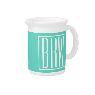 Bold Modern 3 Initials Monogram White On Aqua Beverage Pitcher