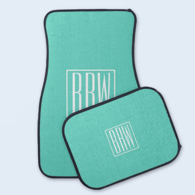 Bold Modern 3 Initials Monogram | White On Aqua Car Floor Mat (Creator Uploaded)