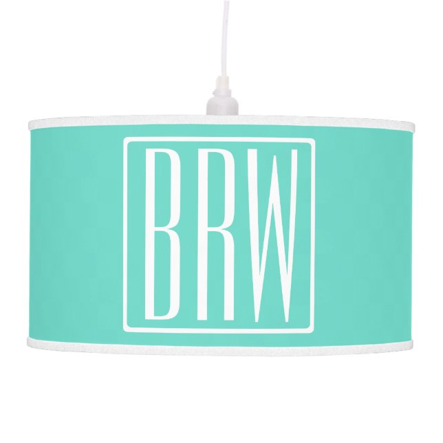 Bold Modern 3 Initials Monogram | White On Aqua Ceiling Lamp (Front)