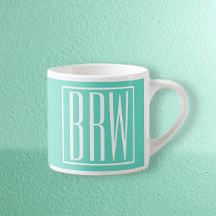 Bold Modern 3 Initials Monogram White On Aqua Espresso Cup