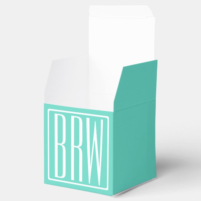Bold Modern 3 Initials Monogram | White On Aqua Favor Boxes (Opened)