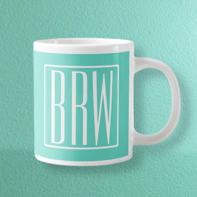 Bold Modern 3 Initials Monogram | White On Aqua Giant Coffee Mug (Creator Uploaded)