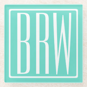 Bold Modern 3 Initials Monogram White On Aqua Glass Coaster