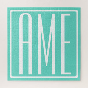Bold Modern 3 Initials Monogram   White On Aqua Jigsaw Puzzle