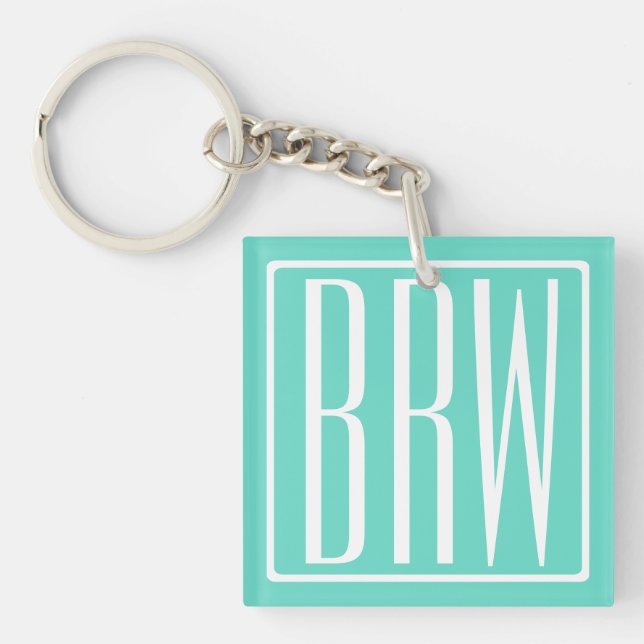 Bold Modern 3 Initials Monogram | White On Aqua Keychain (Front)