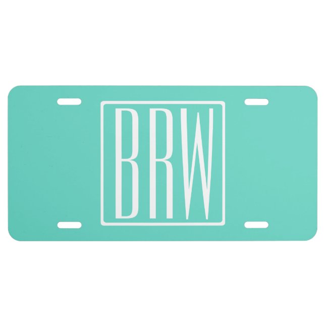 Bold Modern 3 Initials Monogram | White On Aqua License Plate (Front)