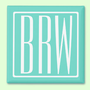 Bold Modern 3 Initials Monogram White On Aqua Magnet