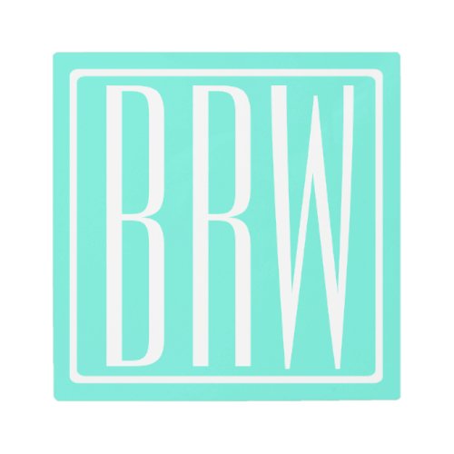 Bold Modern 3 Initials Monogram  White On Aqua Metal Print