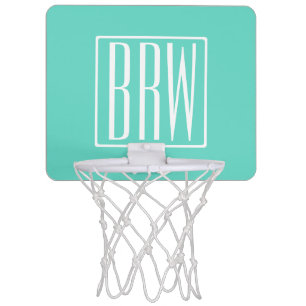 Bold Modern 3 Initials Monogram White On Aqua Mini Basketball Hoop