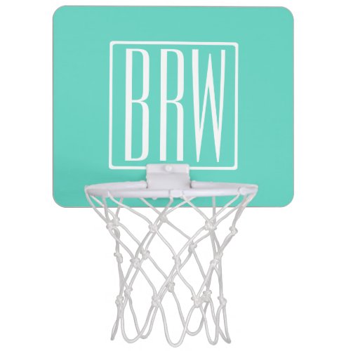 Bold Modern 3 Initials Monogram  White On Aqua Mini Basketball Hoop