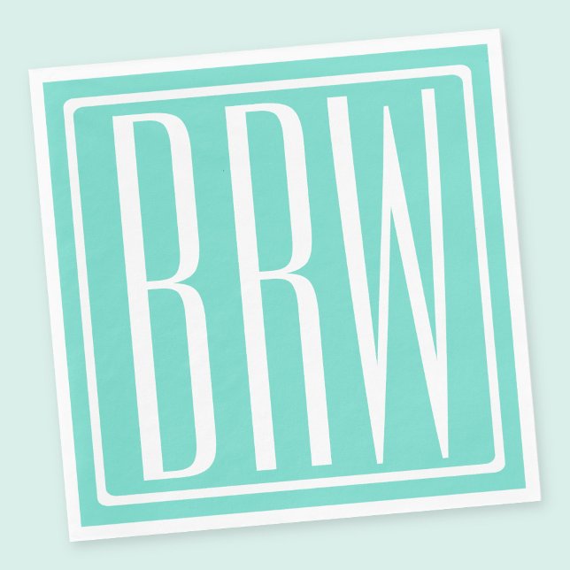 Bold Modern 3 Initials Monogram | White On Aqua Paper Napkins (Creator Uploaded)