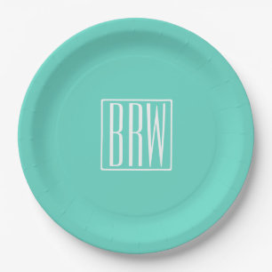 Bold Modern 3 Initials Monogram White On Aqua Paper Plates