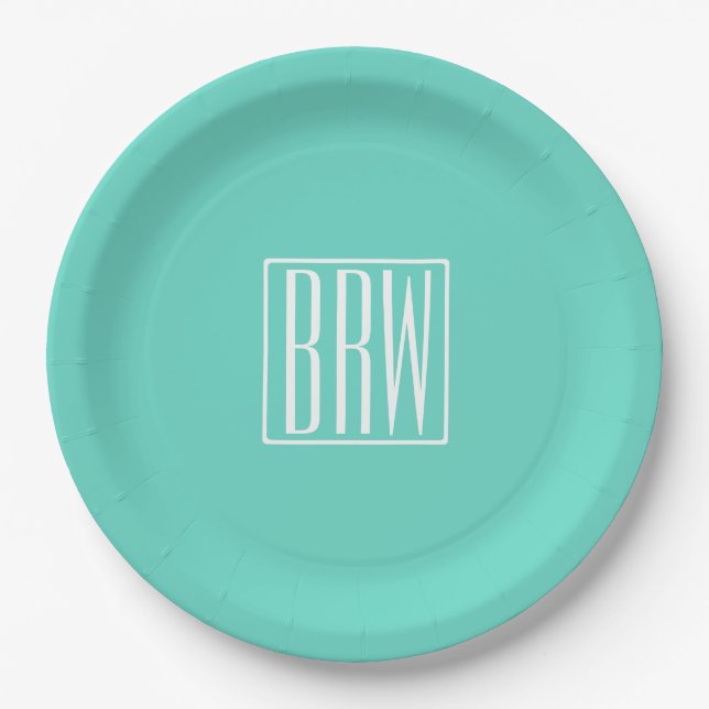 Bold Modern 3 Initials Monogram | White On Aqua Paper Plates (Front)