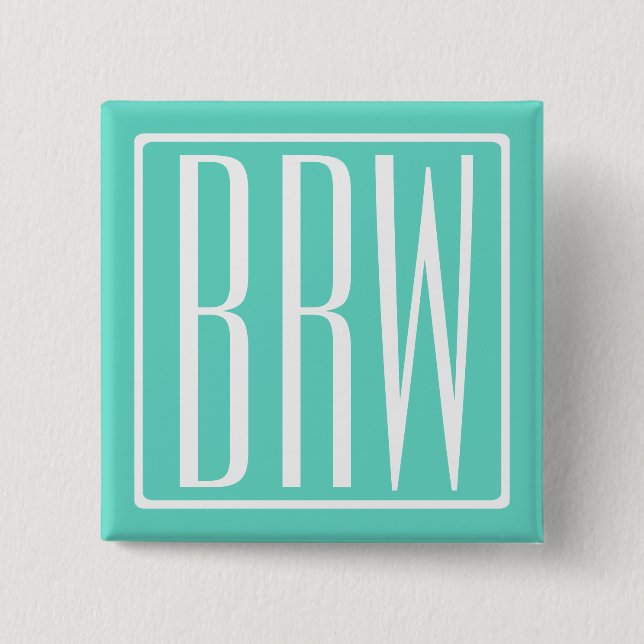 Bold Modern 3 Initials Monogram | White On Aqua Pinback Button (Front)