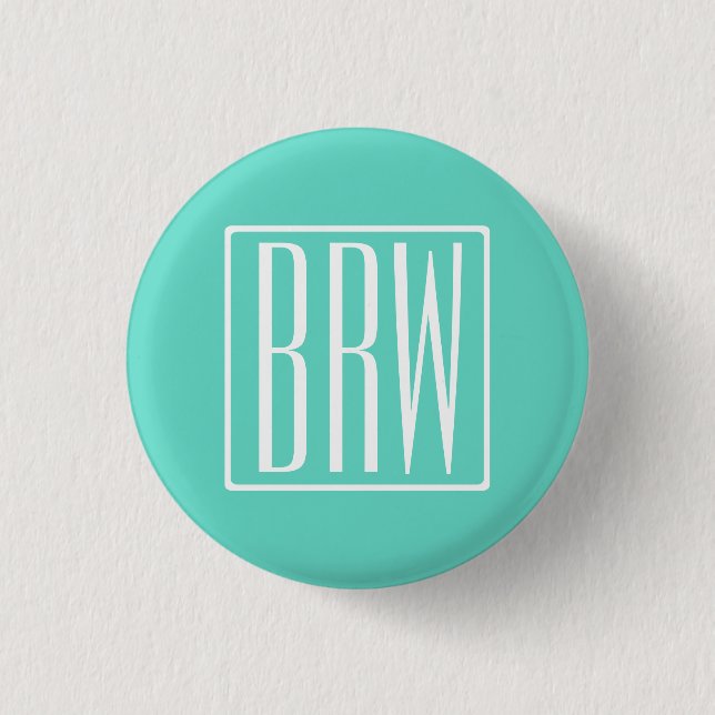 Bold Modern 3 Initials Monogram | White On Aqua Pinback Button (Front)