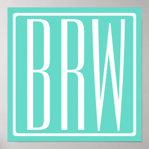 Bold Modern 3 Initials Monogram  White On Aqua Poster