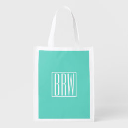 Bold Modern 3 Initials Monogram | White On Aqua Reusable Grocery Bag