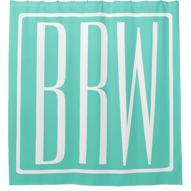 Bold Modern 3 Initials Monogram | White On Aqua Shower Curtain (Front)