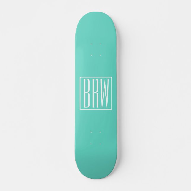 Bold Modern 3 Initials Monogram | White On Aqua Skateboard (Front)