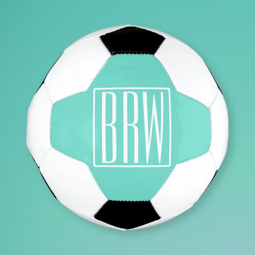 Bold Modern 3 Initials Monogram  White On Aqua Soccer Ball