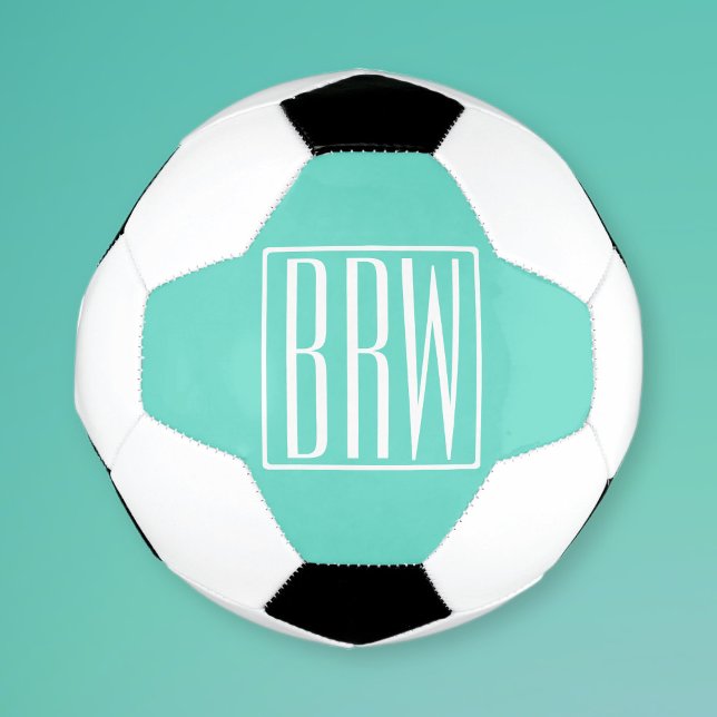 Bold Modern 3 Initials Monogram | White On Aqua Soccer Ball (Creator Uploaded)